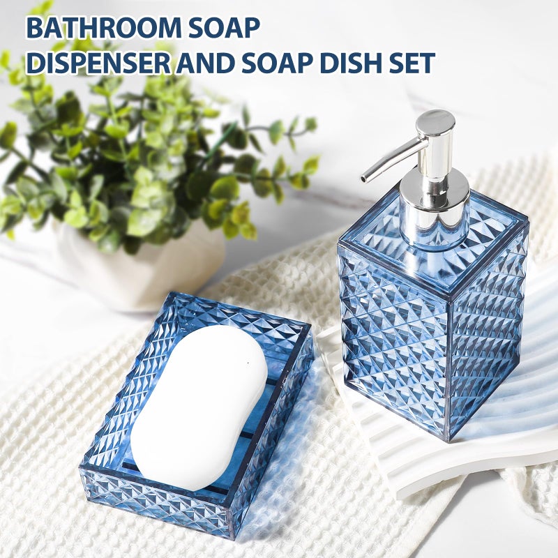 RYTOXILO Bathroom Accessories Set, 4 Pack Blue Acrylic Bath Accessory Sets Complete, Diamond Soap Dispenser and Toothbrush Holder Bathroom Counter Sink Set, Boho Modern Bathroom Decor - Image 3